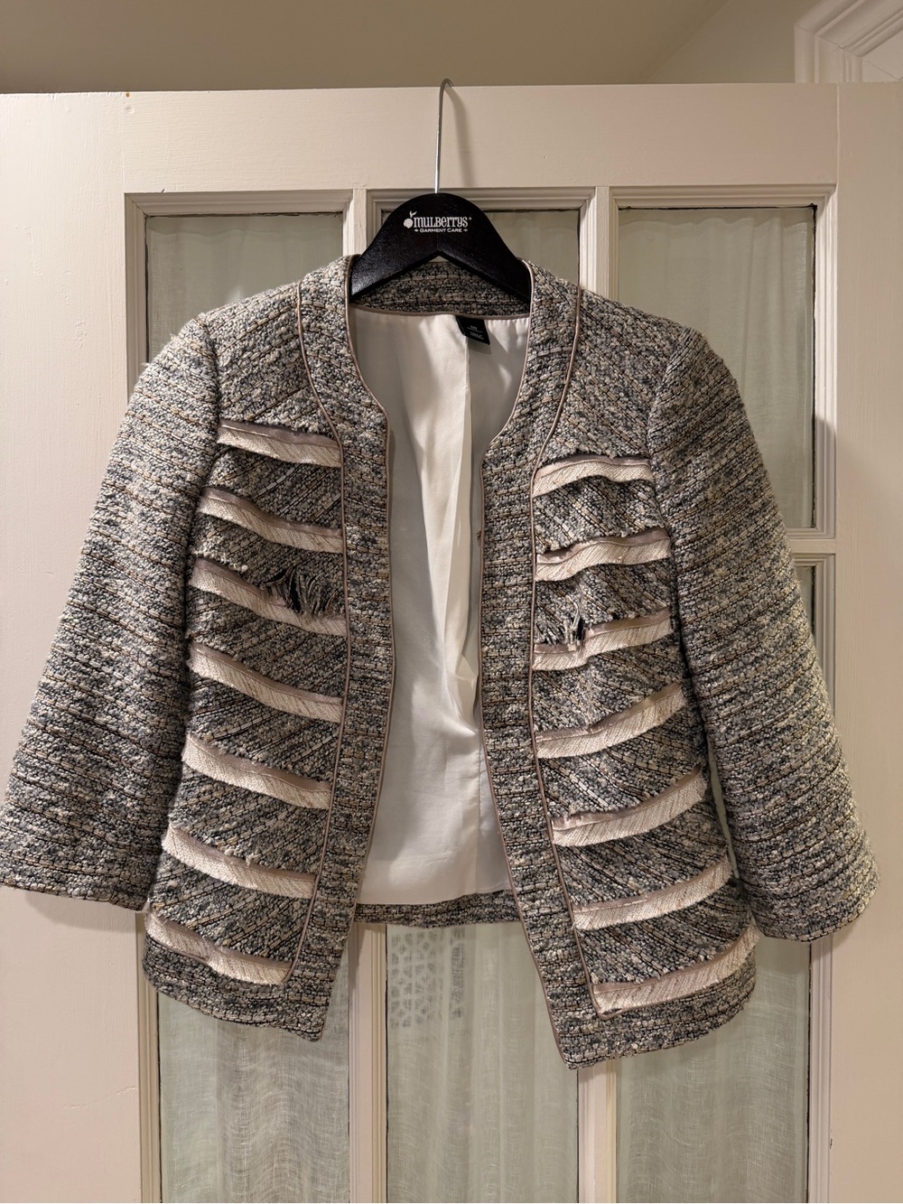 Women's Tweed Open-Front Blazer in Gray and Cream